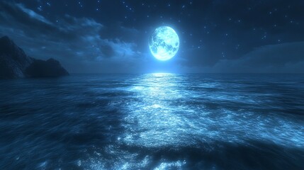 Naklejka premium eep blue glowing ocean waves at night, calm and peaceful, serene and ethereal, soft and dynamic, high detail and vibrant atmosphere, magical reflections