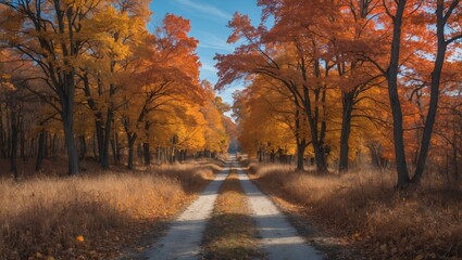 Obraz premium Serene autumn pathway through vibrant fall foliage