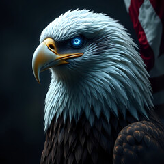 Obraz premium American bald eagle with piercing blue eyes embodying freedom and patriotism alongside the american flag, commemorating independence day