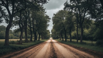 Fototapeta premium Serene tree lined road beneath overcast sky