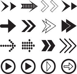 Collection of diverse arrow and play icons, ideal for user interface design.