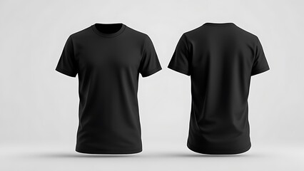 Realistic isolated mockup of blank black T-shirt template, showcasing front and back sides with creases and folds, on a clean white background for customization.