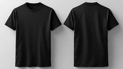 Realistic isolated mockup of blank black T-shirt template, showcasing front and back sides with creases and folds, on a clean white background for customization.