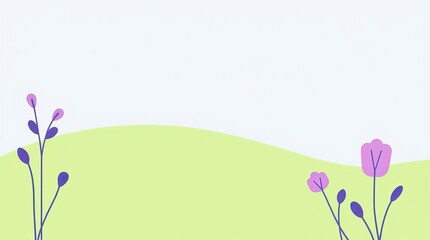 Naklejka premium Softly rolling green hills create a tranquil spring atmosphere, adorned with light pastel flowers that bring a fresh touch to any event or display