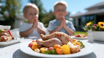 Roasted Chicken with Roasted Vegetables, Kids Praying