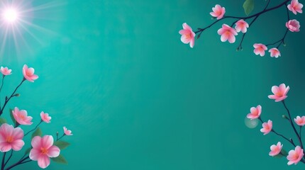 Vibrant pink flowers adorn a gentle turquoise background, capturing the essence of spring. This backdrop creates a refreshing atmosphere ideal for celebrations or gatherings