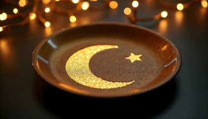 Golden Crescent Moon and Star Design on Decorative Wooden Plate – Festive Ramadan Decor with Warm Bokeh Lights