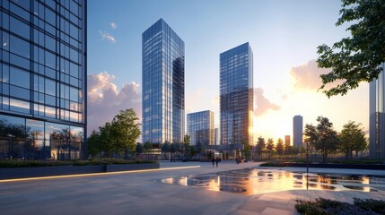 Modern office buildings with glass facades, a wide-angle view of the city center during sunset