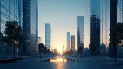 Obraz premium Modern office buildings with glass facades, a wide-angle view of the city center during sunset