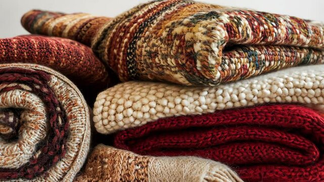 Soft and cozy blankets stacked in warm colors ready for a chilly evening indoors in a comfortable living space