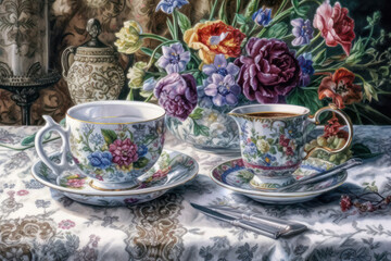 still life with a tea set decorated with a floral pattern and a bouquet of bright flowers. 