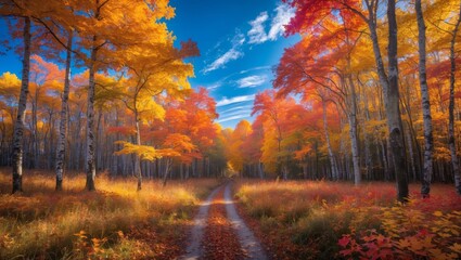 Fototapeta premium Vibrant autumn forest under a bright blue sky