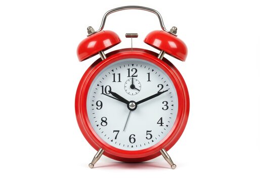 A bright red vintage alarm clock with bells on top and visible time markings isolated on white background