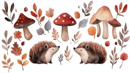 Charming hedgehogs among colorful autumn leaves and whimsical mushrooms.
