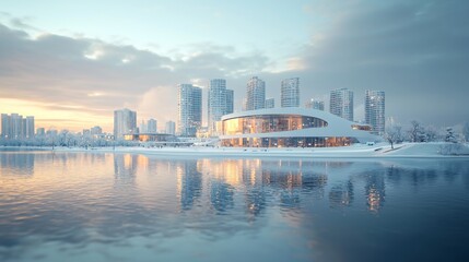 ity white model, skyline of city, 3d model rendering without texture, tilt shift lens, white model style, blue sky background,3D visualization style,minimalist style, blue sky and white light, 