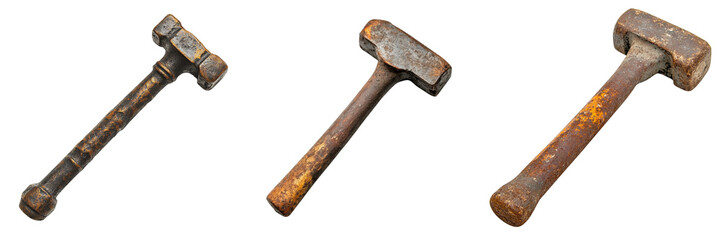 Collection of vintage rusty king hammer isolated on a transparent background