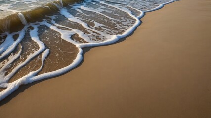 Waves gently lap at the golden sands along a tranquil beach at sunset