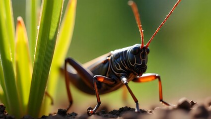 Fototapeta premium Close-up of Grasshopper on Soil with Green Blades of Grass in Sunlight