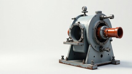 A weathered industrial machine, featuring intricate metalwork and a distinctive cylindrical output, rests on a simple base against a neutral backdrop.