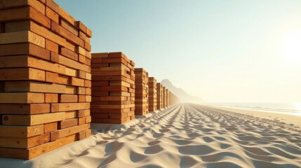 Fototapeta premium Wooden Blocks Forming a Linear Structure on a Sandy Beach at Dawn