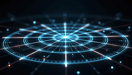 Detailed view of a circular radar screen with dynamic radio signal lines in blue and white tones