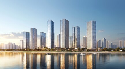 Fototapeta premium A city skyline with tall buildings along the river, showcasing modern architecture and urban development in China