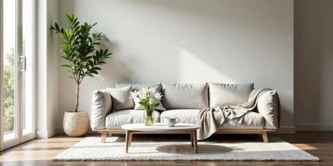 Serene Living Room Interior Design Featuring a Neutral Sofa, Wooden Coffee Table, and Lush Potted Plant
