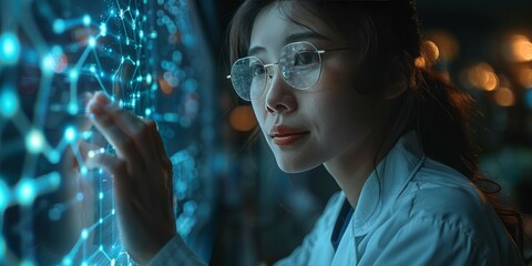 Scientist analyzing a glowing holographic interface with interconnected nodes and data in a futuristic laboratory environment