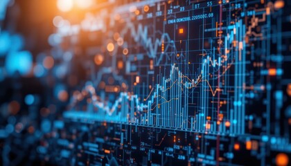 Financial data analysis screen, city night background