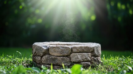 Obraz premium Stone Well Mockup, Nature Background, Green Grass