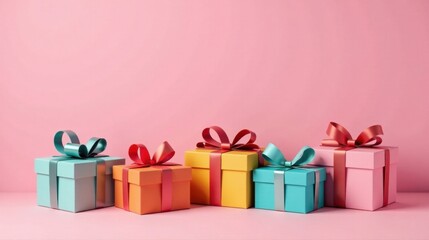 Fototapeta premium A delightful collection of vibrant gift boxes adorned with elegant ribbons, arranged against a soft pink backdrop, perfect for celebratory occasions and conveying joy