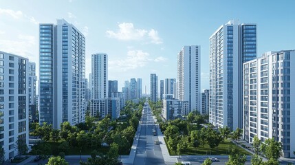 Obraz premium 3D rendering of a modern city with high-rise buildings,with other residential blocks behind it