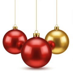 A set of Christmas ball two in vibrant red and one in shimmering gold, hanging on thin strings isolated on white background