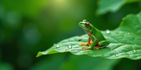 Obraz premium A Vibrant Green Frog Perched on a Dew-Kissed Leaf, Observing a Tiny Insect Nearby in a Lush Natural Environment