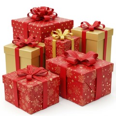 Fototapeta premium A group of beautifully wrapped gift boxes with red and gold wrapping paper featuring festive patterns like snowflakes and polka dots isolated on white background