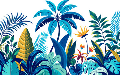 Toile tropical vintage botanical palm trees, banana tree, plants seamless border white background. Blue jungle mural. © Cartoon Maker 2