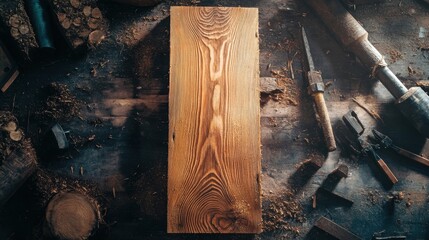 Surrounding a clean wood plank, woodworking tools and sawdust create a rich scene of craftsmanship on a carpenter's workbench, highlighting the artistry of handmade design and skillful labor
