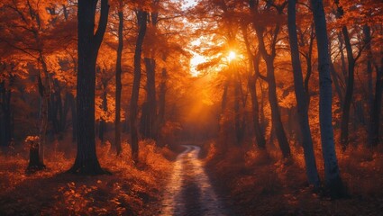 Fototapeta premium Vivid autumn sunset over forest pathway
