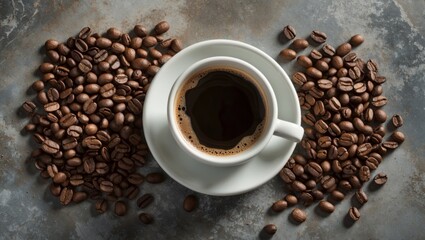 Naklejka premium Warm coffee cup beside roasted beans on rustic surface