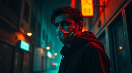 Obraz premium Close-up portrait of man in medical safety mask on street 