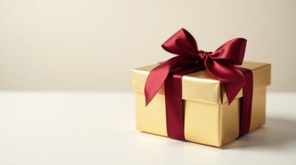 A luxuriously wrapped golden gift box tied with a deep burgundy ribbon, perfect for a special occasion or celebration