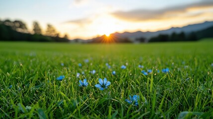 Sunset Meadow: Blue Flowers & Green Grass