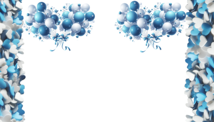 Minimalistic blue and white balloons with love symbol arrangement for celebrations or party decoration on clear white background, Blue and white theme with copy space 