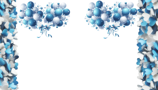 Minimalistic blue and white balloons with love symbol arrangement for celebrations or party decoration on clear white background, Blue and white theme with copy space 