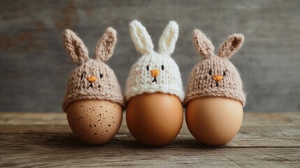 Three eggs with knitted bunny hats, on a wooden table, against a gray background.
