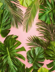 A banner featuring tropical leaves on a pink background, blending vibrant colors and modern design, ideal for use as a graphic resource in creative projects