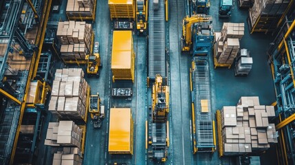 Forklifts operating in a busy warehouse logistics center, efficiently moving goods and containers within a high tech, automated environment