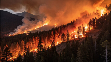 Wildfire in Forest at Night