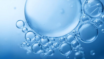 Blue water or serum bubble. Hyaluronic acid, natural substance. Molecule background, cosmetics