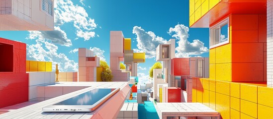 Fototapeta premium Urban architecture composed of digital products, overlooking view, mobile phone, iPad, camera, laptop, sunny, blue sky and white clouds, bright color scheme 